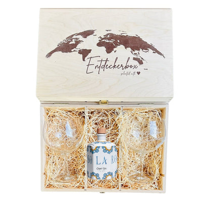 GIN GESCHENKE-SET mit gravierten Ballon Gläsern in edler Holz-Entdeckerbox