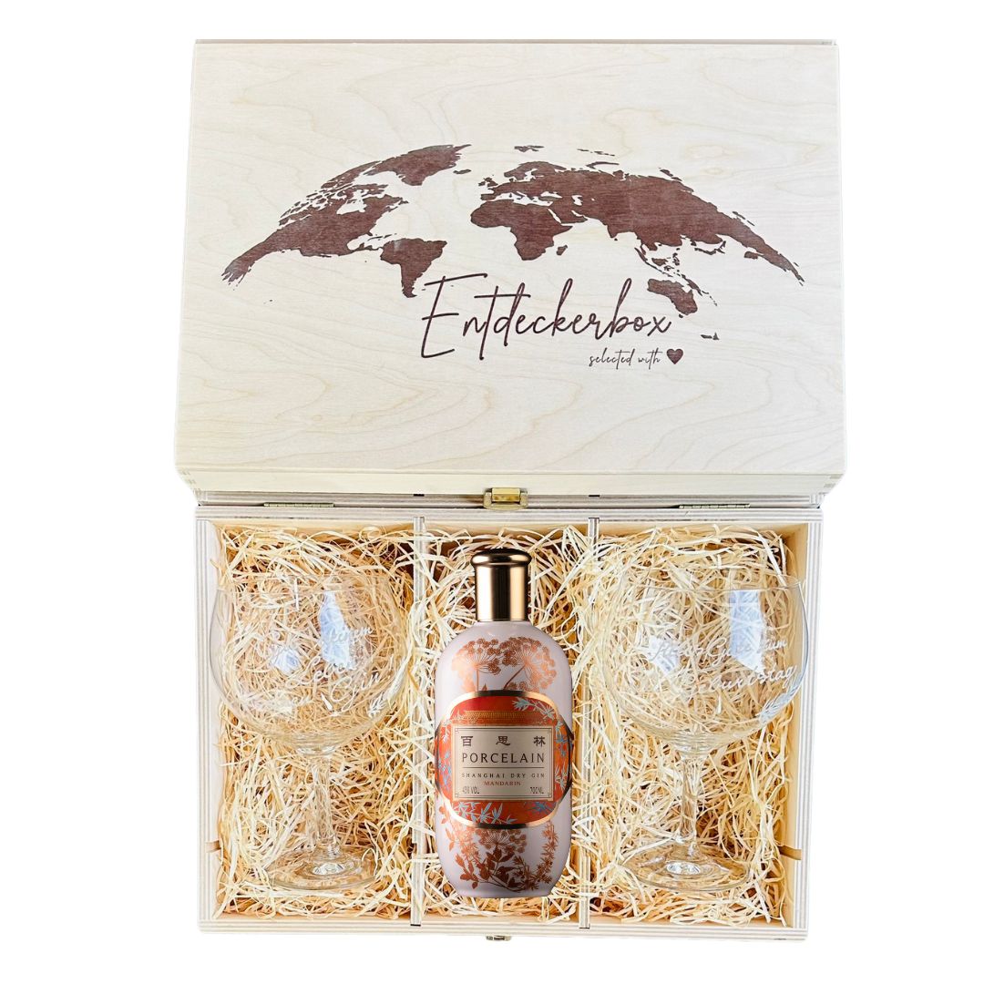 GIN GESCHENKE-SET mit gravierten Ballon Gläsern in edler Holz-Entdeckerbox