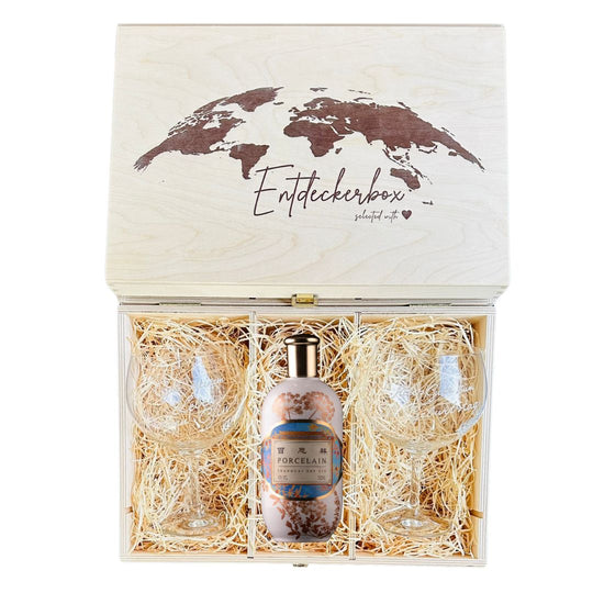 GIN GESCHENKE-SET mit gravierten Ballon Gläsern in edler Holz-Entdeckerbox