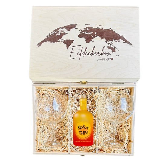 GIN GESCHENKE-SET mit gravierten Ballon Gläsern in edler Holz-Entdeckerbox
