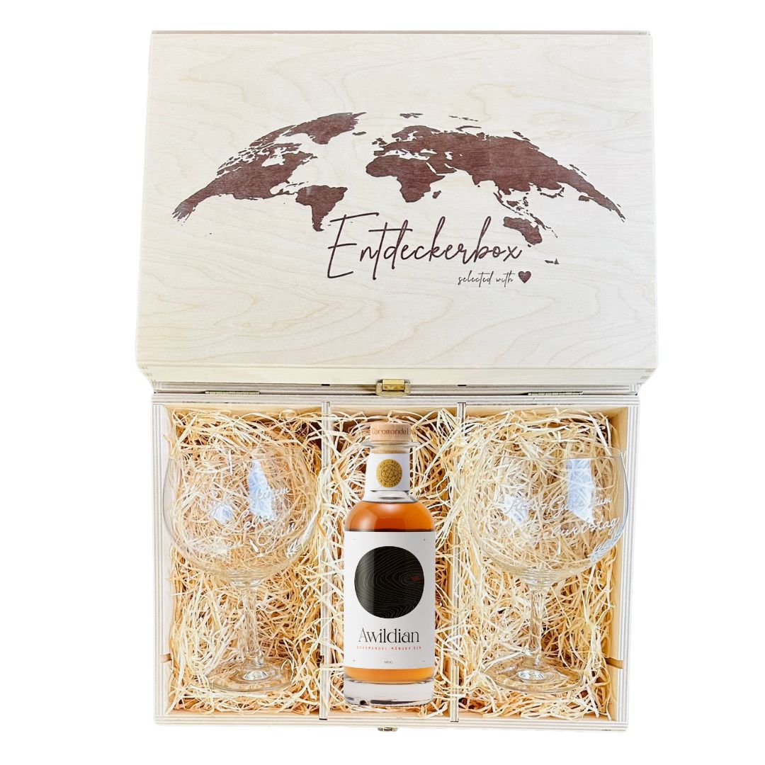 GIN GESCHENKE-SET mit gravierten Ballon Gläsern in edler Holz-Entdeckerbox