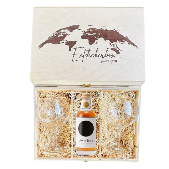 GIN GESCHENKE-SET mit gravierten Ballon Gläsern in edler Holz-Entdeckerbox