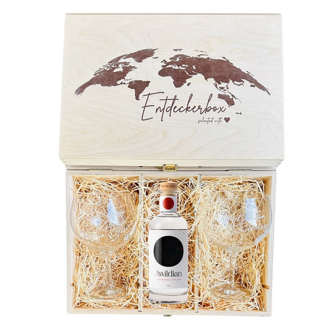 GIN GESCHENKE-SET mit gravierten Ballon Gläsern in edler Holz-Entdeckerbox