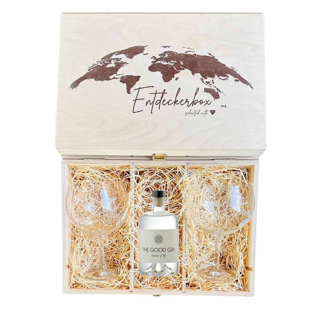 GIN GESCHENKE-SET mit gravierten Ballon Gläsern in edler Holz-Entdeckerbox