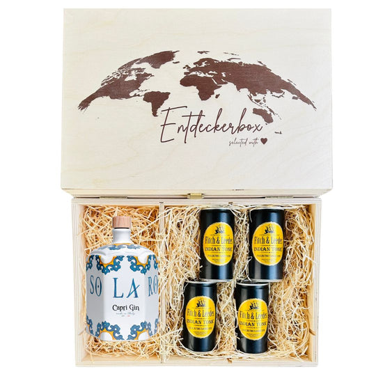 GIN & TONIC GESCHENKE-SET in edler Holz-Entdeckerbox