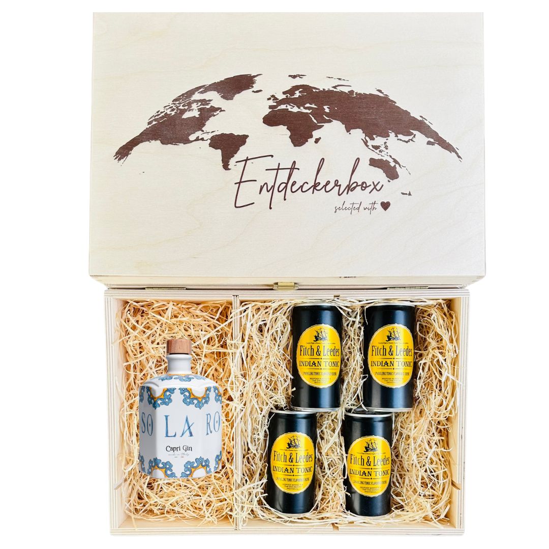 GIN & TONIC GESCHENKE-SET in edler Holz-Entdeckerbox