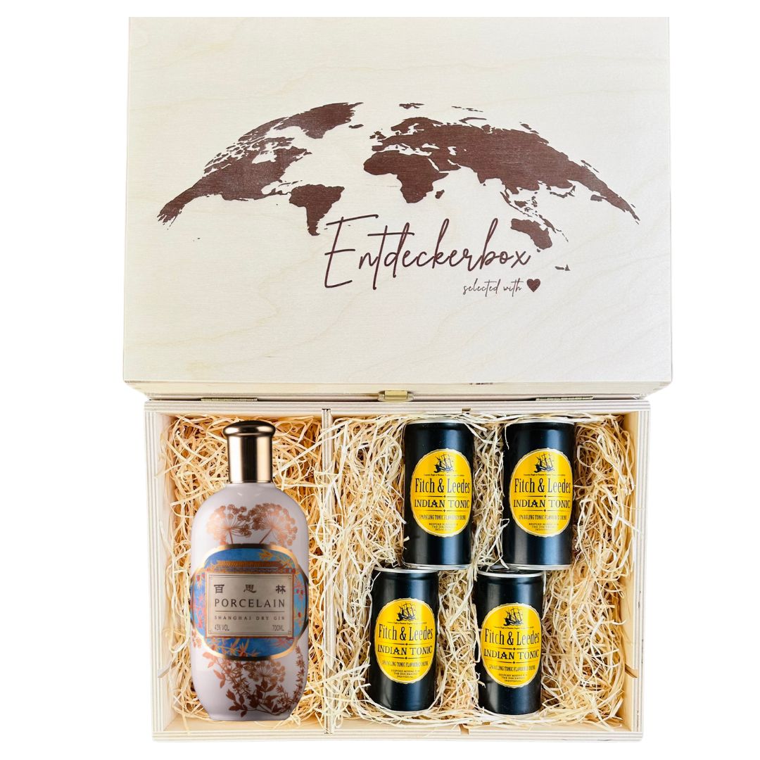 GIN & TONIC GESCHENKE-SET in edler Holz-Entdeckerbox