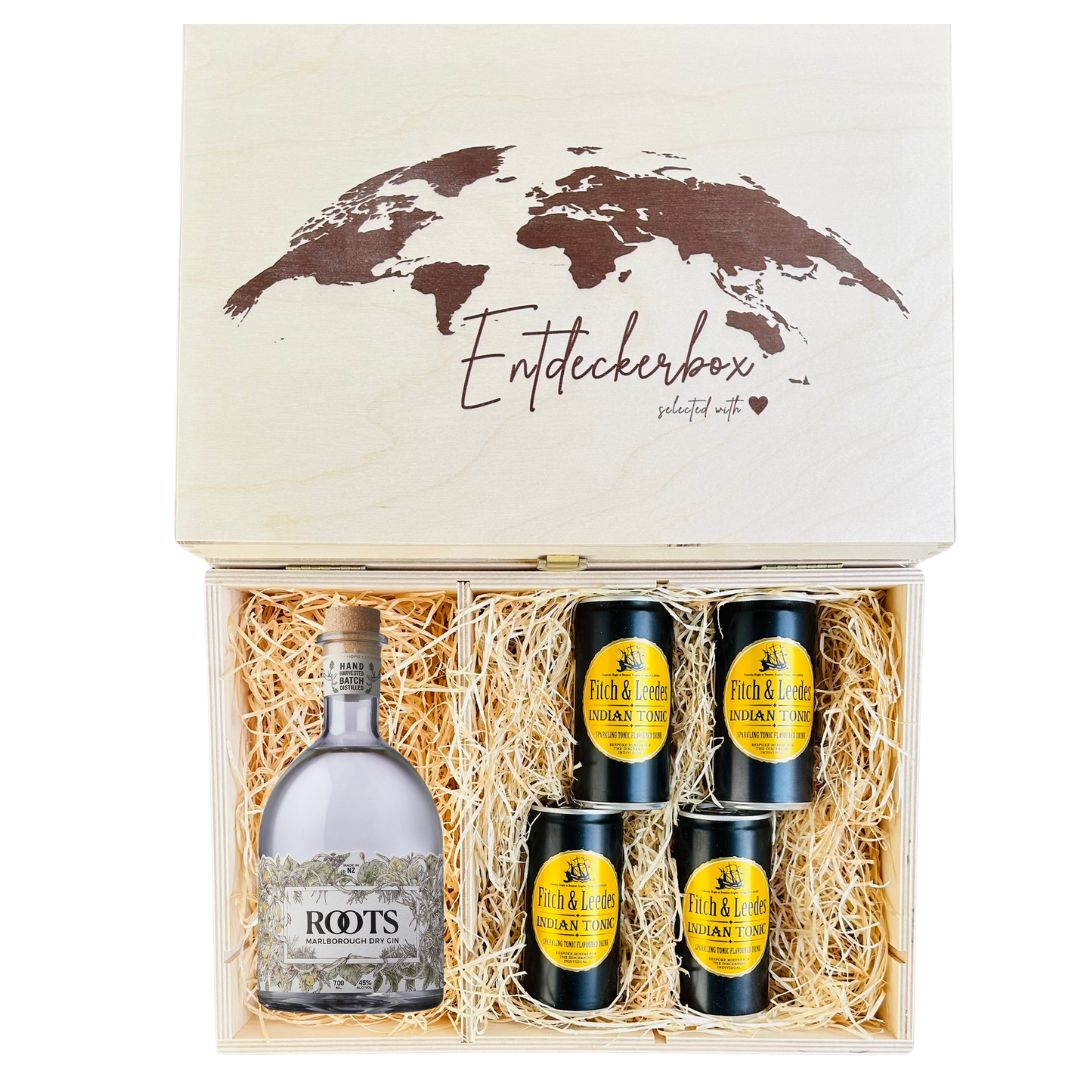 GIN & TONIC GESCHENKE-SET in edler Holz-Entdeckerbox