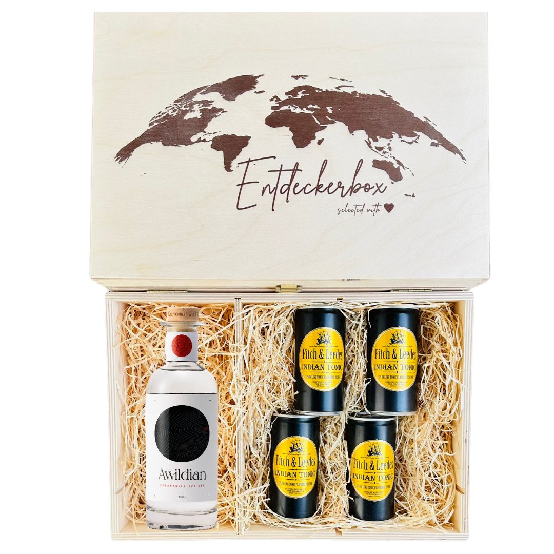 GIN & TONIC GESCHENKE-SET in edler Holz-Entdeckerbox