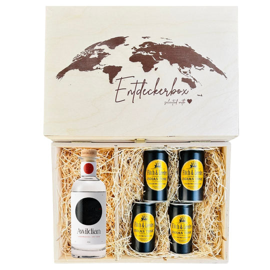 GIN & TONIC GESCHENKE-SET in edler Holz-Entdeckerbox