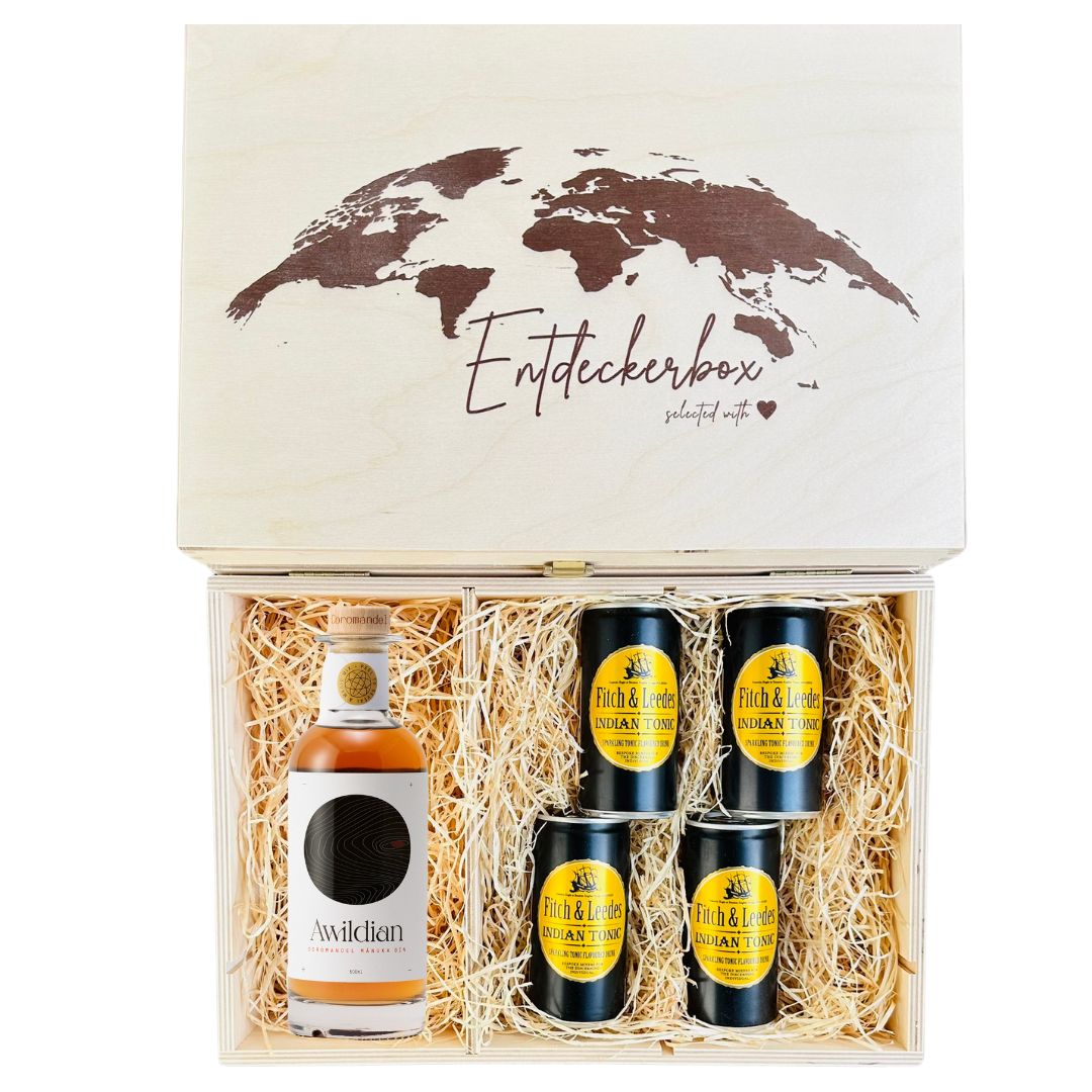 GIN & TONIC GESCHENKE-SET in edler Holz-Entdeckerbox