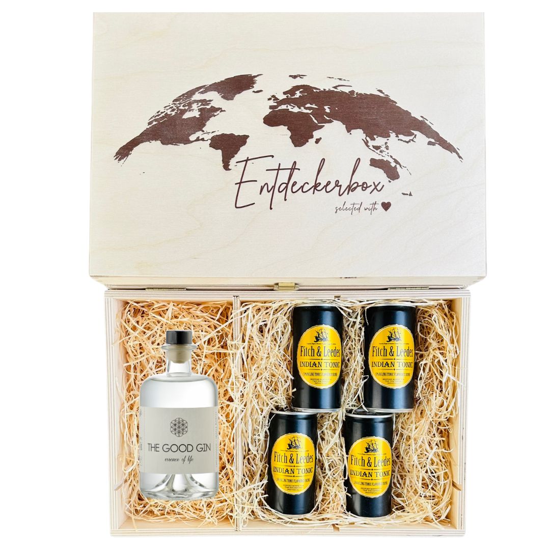 GIN & TONIC GESCHENKE-SET in edler Holz-Entdeckerbox