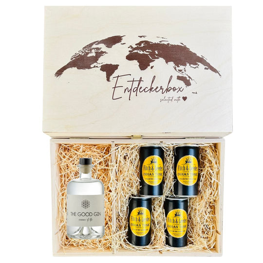 GIN & TONIC GESCHENKE-SET in edler Holz-Entdeckerbox