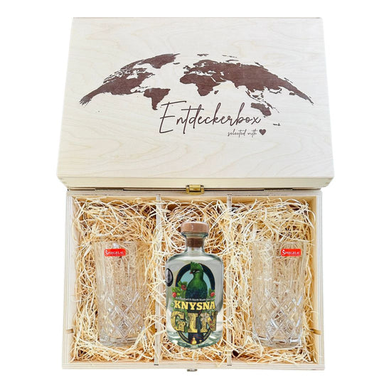 GIN GESCHENKE-SET mit Longdrink Gläsern in edler Holz-Entdeckerbox