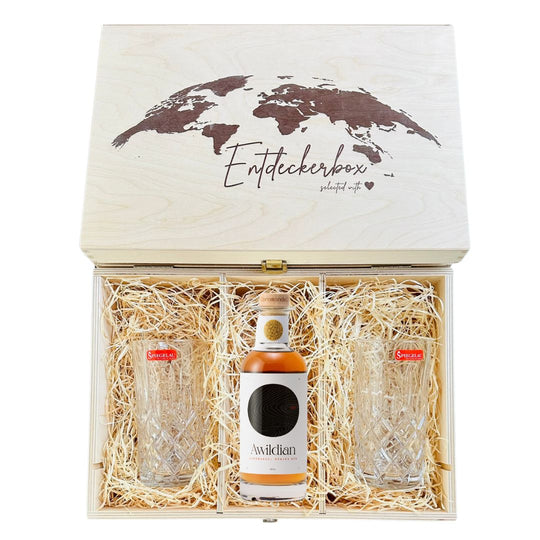 GIN GESCHENKE-SET mit Longdrink Gläsern in edler Holz-Entdeckerbox