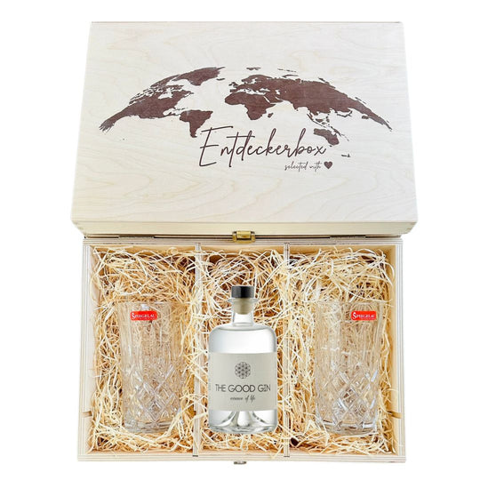 GIN GESCHENKE-SET mit Longdrink Gläsern in edler Holz-Entdeckerbox