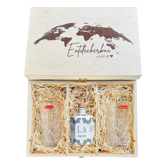 GIN GESCHENKE-SET mit Longdrink Gläsern in edler Holz-Entdeckerbox