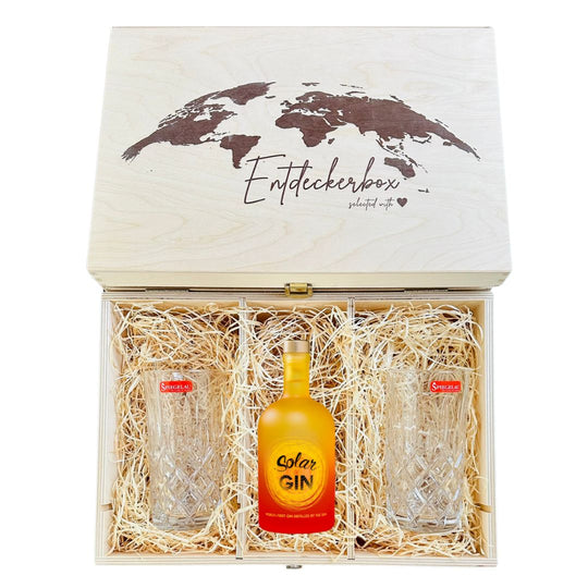 GIN GESCHENKE-SET mit Longdrink Gläsern in edler Holz-Entdeckerbox