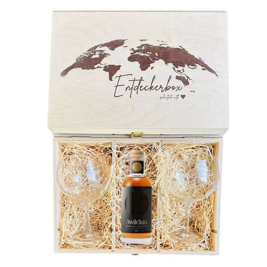 GIN GESCHENKE-SET mit gravierten Ballon Gläsern in edler Holz-Entdeckerbox