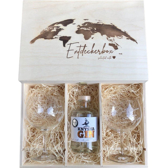 GIN GESCHENKE-SET mit gravierten Ballon Gläsern in edler Holz-Entdeckerbox - Glocal Gin