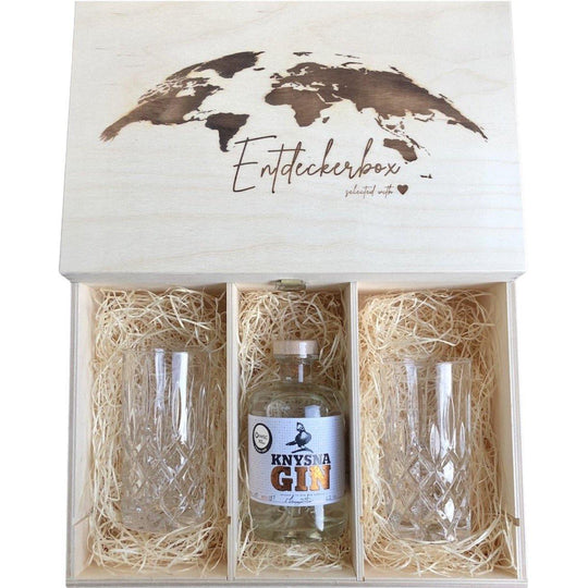 GIN GESCHENKE-SET mit Longdrink Gläsern in edler Holz-Entdeckerbox - Glocal Gin
