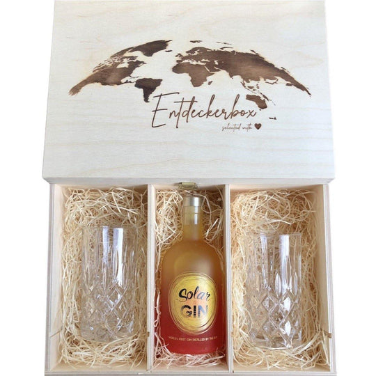 GIN GESCHENKE-SET mit Longdrink Gläsern in edler Holz-Entdeckerbox - Glocal Gin